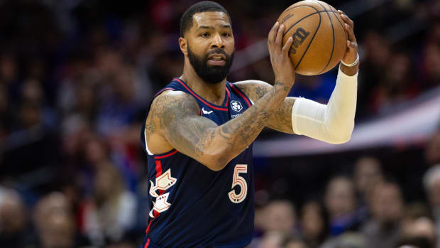 Feb 3, 2024; Philadelphia, Pennsylvania, USA; Philadelphia 76ers forward Marcus Morris Sr. (5) in a game against the Brooklyn Nets during the first quarter at Wells Fargo Center.